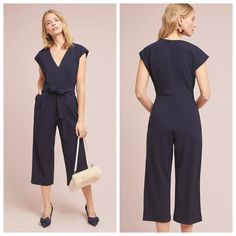 Flattering Navy Jumpsuit From Ett:Twa With A Saucy Tie At The Waist. Great For Work In The Spring, Summer, And Fall Months. New With Tags. Polyester, Spandex V-Neck Ties At Waist Back Zip Machine Wash Cropped, Wideleg Imported Cotton V-neck Jumpsuit For Work, Chic Navy Jumpsuit For Work, Blue Denim V-neck Jumpsuit, Stretch V-neck Jumpsuit With Solid Color, Summer Denim Blue V-neck Jumpsuit, Printed Cropped Pants, Blue V-neck Relaxed Fit Jumpsuit, Navy Jumpsuit, Cropped Cargo Pants