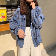 Loose Long Sleeve Button Plaid Blouse Shirt – Nada Outfit Land Blue Black Check Shirt Outfit, Plaid Button Up Outfit, Buttoned Shirt Outfit, Collar Shirt Outfits, Check Shirt Outfit Women, Button Shirt Outfit, Checked Shirt Outfit, Button Up Outfit, Camel Fabric