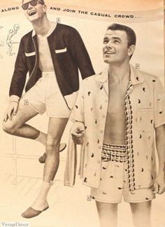 Mens Swimwear Looks, 60s Swimwear, 1920s Swimsuit, Guys Summer Outfits, 1950s Men, 60s Party, Men's Summer Outfit, Retro Swim, Island Party