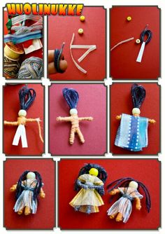 several pictures of dolls made out of yarns and strings, with text overlay that reads how to make your own doll