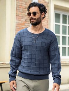 Blue Casual Collar Long Sleeve Fabric Plain Pullovers Embellished High Stretch  Men Clothing Textured Knit Sweater, Slim Fit Top, Knitwear Men, Elegant Dresses Long, Textured Knit, Mens Crew Neck, Men Clothing, Kids Beachwear, Long Sleeve Casual