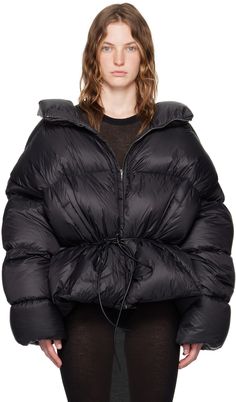 Down-filled quilted recycled nylon satin jacket. · Funnel neck · Concealed zip closure · Drawstring at waist · Inset rib knit cuffs · Concealed zip vent at back collar · Zip pockets at interior · Fully lined Supplier color: Black Fill: 90% goose down, 10% mallard feathers. Rick Owens Women, Satin Jacket, Satin Jackets, Funnel Neck, Knit Cuff, Rick Owens, Down Jacket, Apparel Accessories, Rib Knit