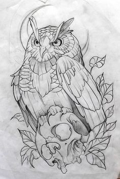 a drawing of an owl sitting on top of a tree branch with leaves and flowers around it