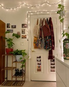 a room with some plants and pictures on the wall next to a door that has lights strung above it