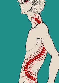 a drawing of a man with red stitches on his back