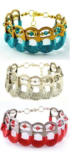 three different types of bracelets with chains and tassels