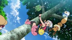 cartoon characters climbing up a tree in the air with their hands on each other's shoulders