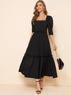 Free Returns ✓ Free Shipping On Orders $49+ ✓. Square Neck Gigot Sleeve Frill Detail Dress- Dresses at SHEIN. Gigot Sleeve, Shein Dress, Tea Length, Modest Dresses, Modest Outfits, Women Dresses, Dress Details