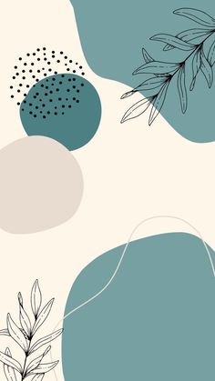 a blue and white wallpaper with leaves on the bottom right hand corner is an abstract design