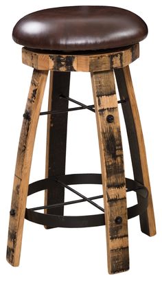 a wooden stool with brown leather seat