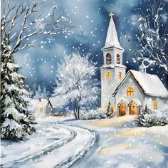 a painting of a church in winter with snow falling on the ground and trees around it