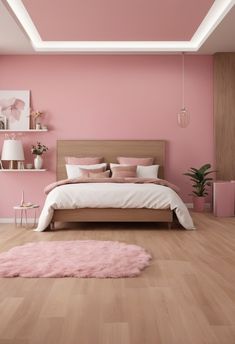 a bedroom with pink walls and wooden floors