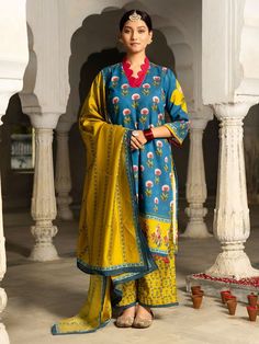 Buy Blue Printed Viscose Chanderi Suit- Set of 3 | CBk0011/BUBT5 Chanderi Suit, Chanderi Suits, Indian Heritage, Loom, Trendy Outfits