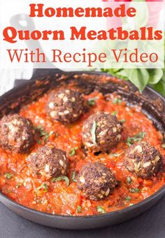 homemade meatballs with recipe video on the side and title in red text overlay