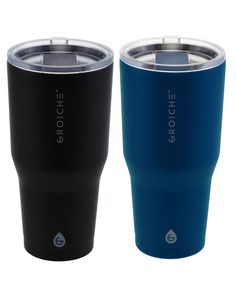 two black and blue tumblers sitting next to each other