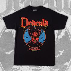 Dracula Bram Stocker Vintage Rock T-shirt Vintage Black T-shirt With Front Print, Vintage Black T-shirt For Fan Merchandise, Vintage Black T-shirt For Fans, Black Halloween T-shirt For Alternative Fashion, Unisex Black Halloween T-shirt, Vintage Halloween Concert T-shirt, Black Halloween Concert T-shirt, Pre-shrunk T-shirt For Halloween Alternative Fashion, Halloween Black Deadstock Tops