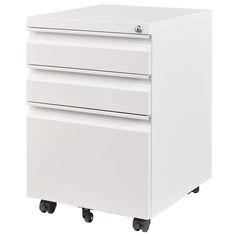 a white filing cabinet on wheels with three drawers and casteors, isolated against a white background