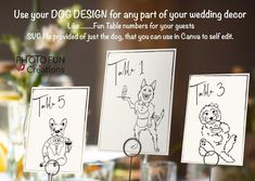 three cards with pictures of dogs on them and the text, use your dog design for any part of your wedding decor