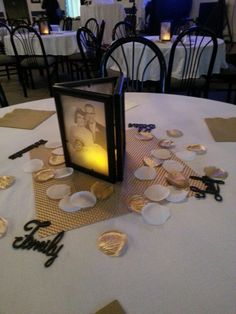 a table topped with lots of plates covered in confetti next to a framed photo