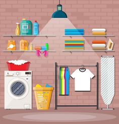 an illustration of a laundry room with clothes on shelves and a washing machine in the corner