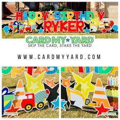 the yard sign is decorated with colorful paper cut outs and stars, trucks, and fireworks