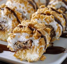 some desserts are on a white plate with chocolate drizzled around them