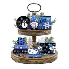 three tiered tray with snowmen and christmas cards