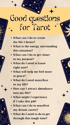 a poem written in black and white with the words good questions for tarot on it