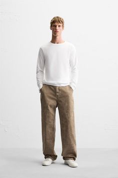 WASHED EFFECT SEAMED PANTS - Brown | ZARA United States Zara Mens, Straight Fit Pants, Cardigan Sweater Vest, Pants Brown, Shirt Blouses Tops, Blazer Vest, Fit Pants, Knitwear Cardigan, Hoodie Top