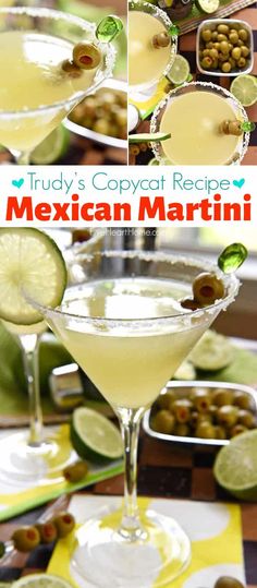 the mexican martini is garnished with olives and served in coupe glasses