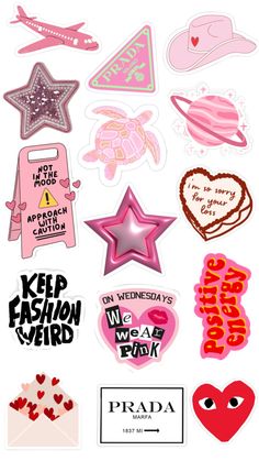 various stickers and decals are shown in this image with the words keep fashion weird on them