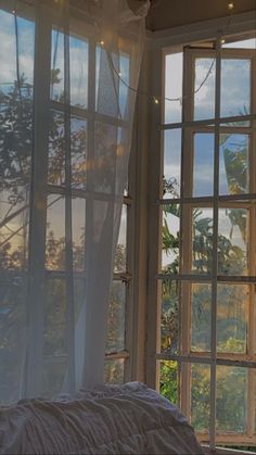 there are two windows with sheer curtains in the room and one window has a view of trees outside