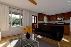 a living room filled with furniture next to a kitchen and dining room table on top of a hard wood floor