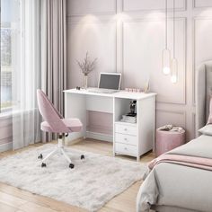 a white desk with a laptop on top of it in a bedroom next to a bed