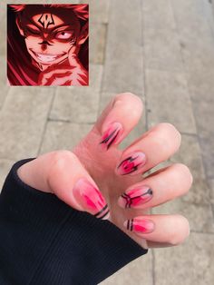 #sukuna #jjk #jujutsukaisen #nails Nails Sakuna Jujutsu, Anime Design Nails, Anime Almond Nails, Sukuna Nails Short, Anime Nail Inspiration, Anime Nail Ideas Jujutsu Kaisen