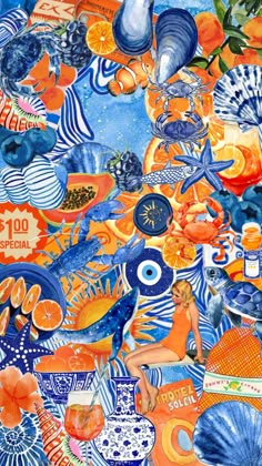 an image of a painting with many different things on it's surface, including oranges and blue