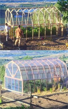 two pictures of people working in a garden with greenhouses and other things to see