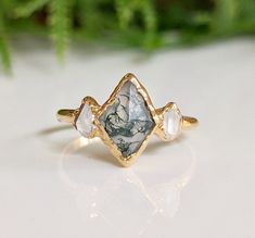 Lozenge shape Moss Agate and Herkimer diamond engagement ring Herkimer Diamond Engagement Ring, Herkimer Diamond Ring Engagement, Character Customization, Moss Agate Jewelry, Unique Promise Rings, Nature Inspired Engagement Ring, Moss Agate Ring, Handmade Engagement Rings, Agate Jewelry