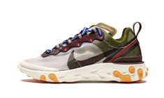 The Nike React Element 87 “Moss” dials up the earthy vibrations for yet another fresh take on the ultra comfortable lifestyle shoe.  The Spring 2019 release features lifestyle intricacies baked into the DNA of the shoe.  A sturdy translucent film dots the entire upper and reveals your sock of choice underneath.  Elsewhere, a black Swoosh is printed onto the mid-panel and brown suede eyelets contrast the light hues of the base of the shoe.  An army green color scheme is applied to the heel, evoki Moss Shoes, Nike React Element 87, Green Color Schemes, Stylish Socks, Deep Royal Blue, Sneakers Addict, Stadium Goods, Nike React, Unisex Shoes