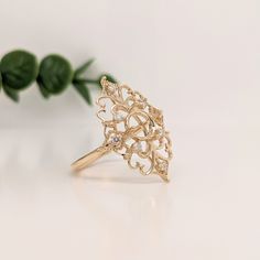 This vintage inspired diamond ring semi mount features filigree design with diamond accents and a straight gold shank. A statement ring design perfect for an eye catching engagement or anniversary. This ring also makes a beautiful birthstone ring for your loved ones. Available in multiple colors of 14K Gold: Yellow, White and Rose. The occasions to show off this ring are endless - mother's day, graduation, wedding, birthday, date night, Christmas, etc. :) It comfortably fits round shape and bril Birthday Date Night, Vintage Inspired Diamond Rings, Birthday Date, Designer Silver Jewellery, Vintage Inspired Rings, Semi Mount Ring, Night Christmas, Jewelry Showcases, Filigree Design