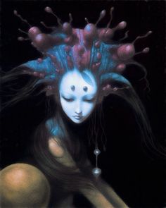 a painting of a woman with blue hair and pink flowers on her head, in front of a black background