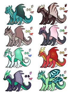 four different types of dragon stickers on a white background, each with different colors and sizes