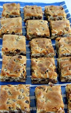 a blue plate topped with lots of brownies on top of a white and blue table cloth