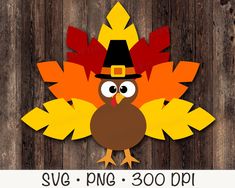 a paper turkey with a pilgrim hat on it's head and the words svg - png - 300 dpi