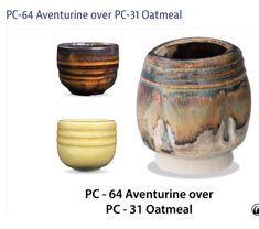 three vases with different designs on them and the words pc - 64 aventurine over pc - 31 oatmeal