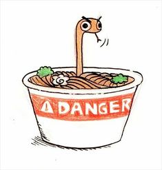 a drawing of a bowl of noodles with a worm sticking out of it's head