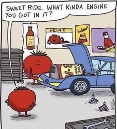 a blue car is parked in front of a red tomato and another cartoon character has the hood open