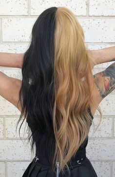 Split Hair Color Ideas For Brunettes, Half Black Half Light Brown Hair, Hair Half Black Half Blonde, Hair Dyed Half And Half, Half Black And Half Blonde Hair, Half And Half Hair Color Blonde, Black And Blonde Hair Half, Split Hair Color Ideas Black, Half Split Dyed Hair