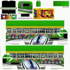 an image of a green bus with pictures on the front and back side, all in different colors