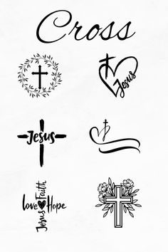 cross tattoo designs on white paper with the words jesus and love in black ink overlays